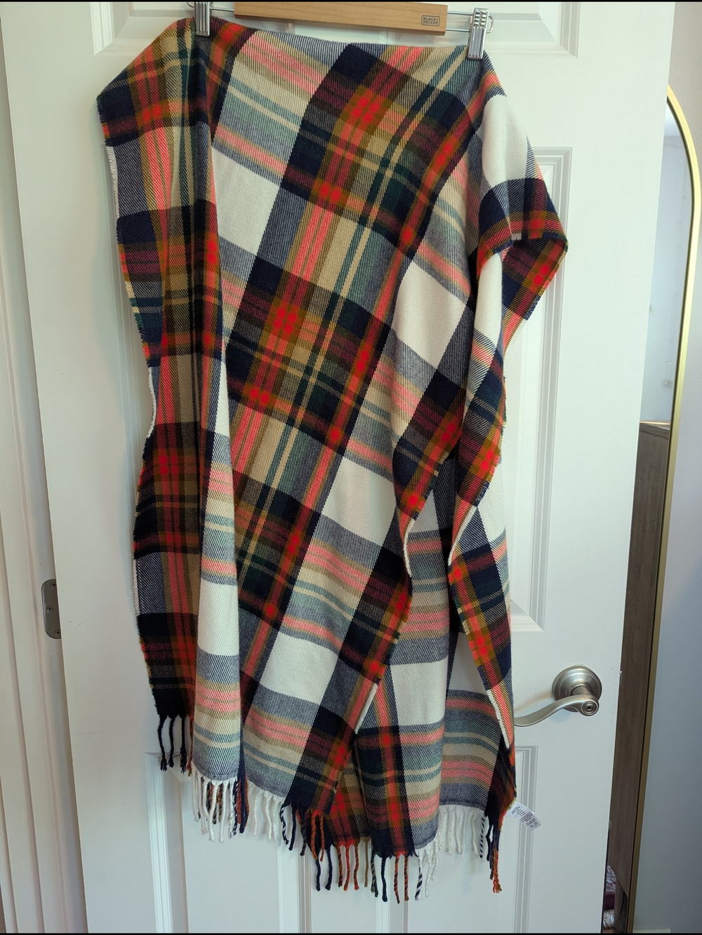 J. Crew Navy and Red Plaid Fringe Scarf